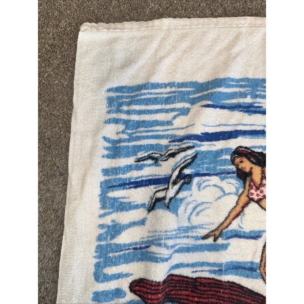 Vtg Surfer Bikini Wave Beach Towel 48x24” Couple Groovy 1960’s A Jay Original